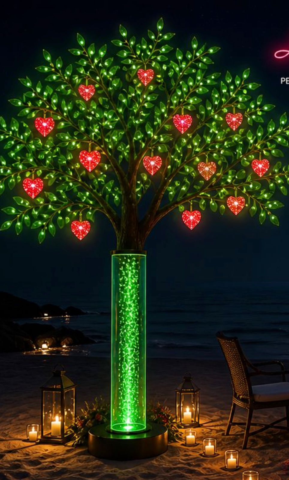 Love Tree full beachside setup at night with couple seated — Aryaveil India